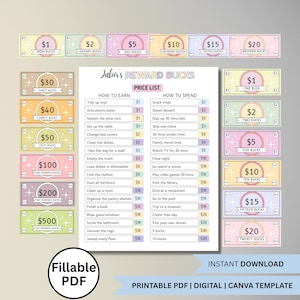 May include: A printable PDF reward system with colorful "bucks" denominations from $1 to $500. Includes a price list for chores and rewards, with the text "Jabir's Reward Bucks".