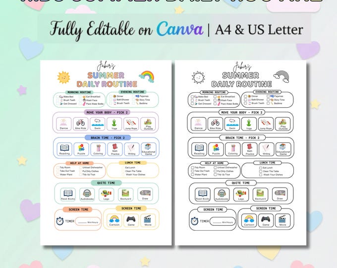 Editable Girls Summer Routine Chart | Canva Template for Kids | Daily ...