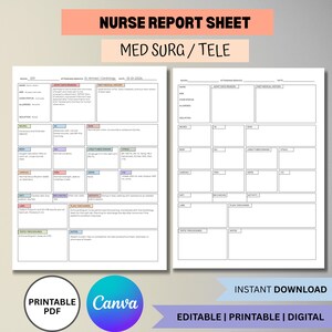 Puede incluir: Una hoja de informe de enfermería imprimible con el texto "NURSE REPORT SHEET MED SURG / TELE". La hoja incluye secciones para información del paciente, signos vitales y notas. También son visibles las palabras "PRINTABLE PDF" y "Canva".