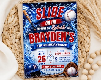 Baseball Pool Party Birthday Invitation, Summer Splash Birthday Invite, Baseball Water Slide Party, Baseball Sports Pool Party Invite Canva