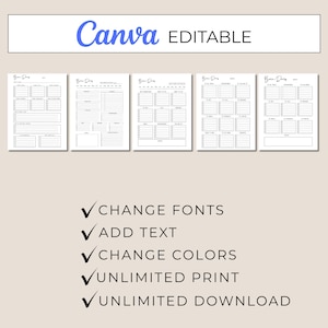 May include: A collection of five printable planner pages with the text "Brain Dump" at the top. The top banner reads "Canva EDITABLE". Below are checkmarks with the text: "CHANGE FONTS", "ADD TEXT", "CHANGE COLORS", "UNLIMITED PRINT", and "UNLIMITED DOWNLOAD".