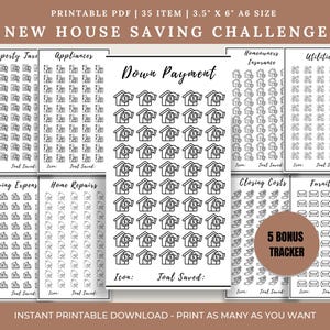 May include: A printable PDF with a new house saving challenge. The design includes sections for property taxes, appliances, down payment, homeowners insurance, utilities, moving expenses, home repairs, closing costs, and furniture. The text reads "New House Saving Challenge".