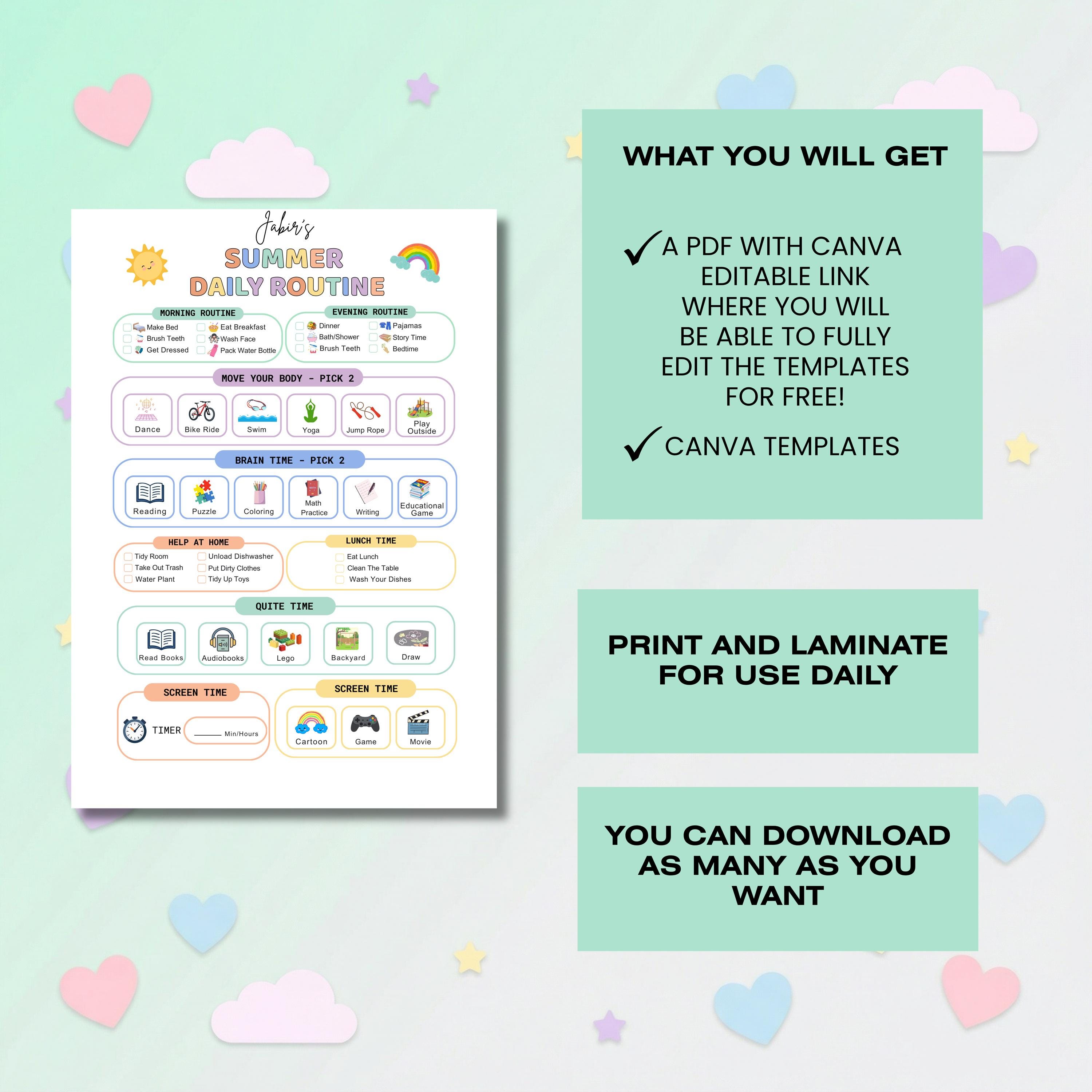 Editable Summer Daily Routine for Kids, Summer Chore Chart, Summer ...