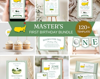 Editable Masters First Birthday Bundle Canva Template, Mastered His First Year Birthday Party Invite, Golf Theme 1st Birthday Par-Tee Evite