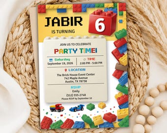 Editable Building Blocks Birthday Invitation Template, Construction Theme Boy Birthday Party Invitation Bricks Birthday Printable Invitation