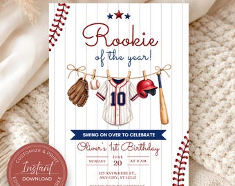 Editable Rookie of the Year First Birthday Invitation, Baseball 1st Birthday Party Invite, Rookie Of The Year Invite, Sports Birthday Party