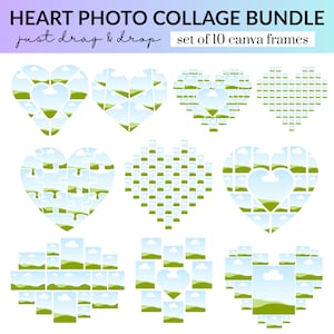Op de afbeelding: Een bundel van tien hartvormige fotocollage-sjablonen. Elk ontwerp toont een hartvorm bestaande uit kleinere fotolijsten, met een landschap zichtbaar in elk frame. Tekst bovenaan luidt "HEART PHOTO COLLAGE BUNDLE" en "just drag & drop".