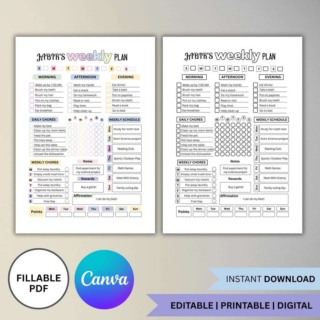 Editable Weekly Chore Chart for Kids & Teens, Pre-teens, Daily Weekly ...