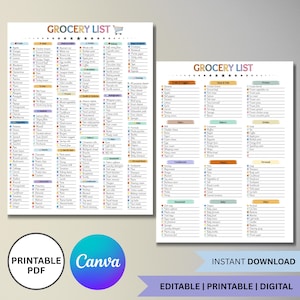 May include: Two printable grocery list templates with various food categories. The lists are organized with headings like "Fruits & Veggies," "Meat & Fish," and "Frozen." The design includes the text "Grocery List" at the top and the words "Printable PDF" and "Canva" at the bottom.