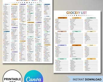 Lista de compras editable, lista de compras maestra imprimible, plantilla de compras en blanco, lista de compras, planificador de comidas semanal, lista de verificación de alimentos