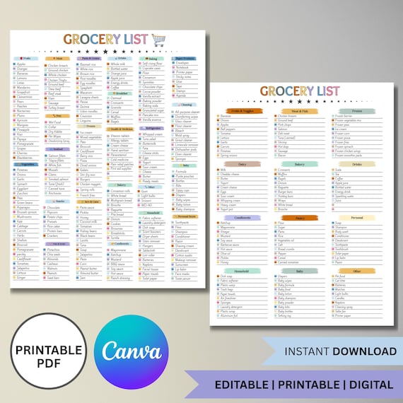 Editable Grocery List, Printable Master Grocery checklist, Blank Grocery template, Grocery Shopping List, Weekly meal planner Food Checklist