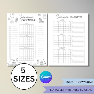 May include: Black and white summer calendar printable with June, July, and August calendars. Includes a list of summer activities and a circle that says "5 SIZES". The Canva logo is also visible.