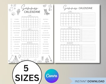 Printable 2026 Summer Calendar Poster, Summer Fun Bucket List, June-August Planner, Kids Summer Calendar Activities Checklist Family Planner
