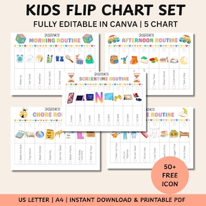 Könnte beinhalten: Ein Satz druckbarer Kinder-Flipcharts mit täglichen Routinen, einschließlich Morgen-, Nachmittags-, Bildschirmzeit-, Hausarbeits- und Schlafenszeitroutinen. Die Charts sind vollständig in Canva bearbeitbar und enthalten über 50 kostenlose Icons. Der Text auf den Charts lautet "Morgenroutine", "Nachmittagsroutine".