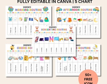 Kids Flip Routine Chart, Printable Morning Evening Bedtime Flip Chart, Kids Visual Schedule, Toddler Chore Chart,Editable Canva Template PDF