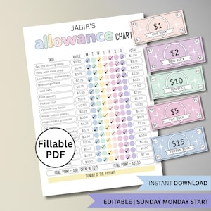 May include: A printable allowance chart with the title "JABIR'S allowance CHART" and a list of tasks with values. Includes play money bills in denominations of $1, $2, $5, $10, and $15. The chart is a fillable PDF.