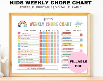 Kids Weekly Chore Chart, Responsibility Checklist (Fillable PDF)