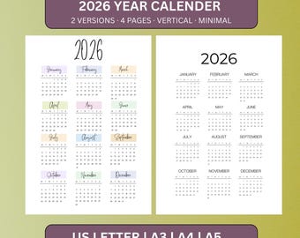 2026 Year at a Glance Calendar, 2026 Yearly Calendar Printable, 2026 Annual Calendar, Yearly Planner & Tracker, Wall Calendar, PDF TEMPLATE