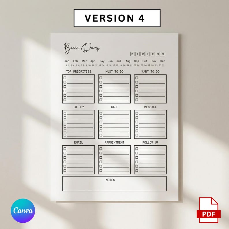 Editable ADHD Brain Dump, Printable Task List Template,  ADHD Daily Planner, Guided Planning Worksheets, Mind Clarity Sheet, Idea Organizer, adhd brain dump, adhd daily planner,  adhd planner, brain dump template, brain dump, brain dump planner, brain dump printable, task list, thought organizer, adult adhd planner, to do checklist