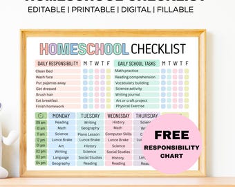 Editable Homeschool Checklist Template, Printable Homeschool Daily Schedule for Kids and Teens, Homeschooling Planner, Schoolday Routine PDF