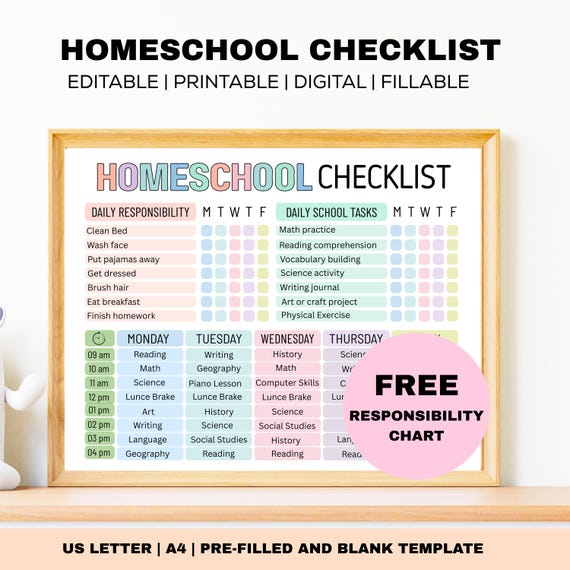Editable Homeschool Checklist Template, Printable Homeschool Daily Schedule for Kids and Teens, Homeschooling Planner, Schoolday Routine PDF