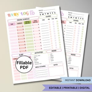 Puede incluir: Registro de bebé imprimible en PDF, con secciones para alimentación, pañales, actividades y seguimiento del estado de ánimo. Incluye espacios para notas y medicamentos. Diseño en colores pastel.