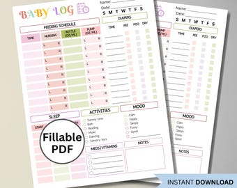 Könnte beinhalten: Ausdruckbares Baby-Logbuch im PDF-Format mit Abschnitten für Fütterung, Windeln, Aktivitäten und Stimmung. Enthält Bereiche für Notizen und Medikamente. Das Design ist in Pastellfarben gehalten.