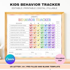 May include: A framed kids' behavior tracker with a colorful design. The tracker includes sections for daily behavior, weekly points, and rewards. The text "KIDS BEHAVIOR TRACKER" is at the top. The tracker is editable, printable, digital, and fillable.