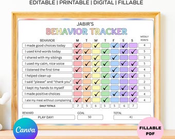 Tabla de comportamiento infantil editable / Registro de recompensas, tareas y hábitos (PDF)