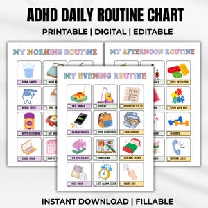 Pode incluir: Gráfico de rotina diária para TDAH com seções da manhã, tarde e noite. Cada seção apresenta tarefas ilustradas como beber água, escovar os dentes, jantar e definir um alarme. O gráfico é imprimível, digital, editável e preenchível.