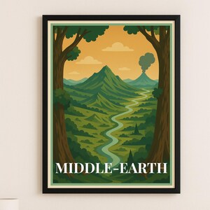 Póster de viaje vintage de la Tierra Media / Descarga digital inspirada en El Señor de los Anillos / Arte mural de fantasía / Decoración de Tolkien