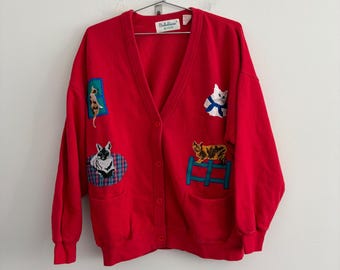 BellePointe at Ease Red Cat Embroidered Cardigan Sweatshirt Mens One Size