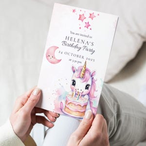 Modelo de convite de aniversário de unicórnio mágico – editável com Corjl – cartão de aniversário em aquarela rosa pastel – download digital