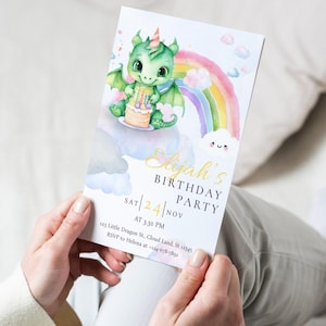 Modelo de convite de aniversário de bebê dragão mágico – editável com Corjl – cartão de aniversário em aquarela para impressão – download digital