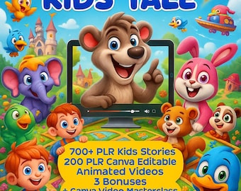 May include: A vibrant illustration for "Toonimals Volumes 1 & 2 + Kids Tale." The image features cartoon animals, children, and a rainbow. Text includes "700+ PLR Kids Stories" and "Official Licensed Product."
