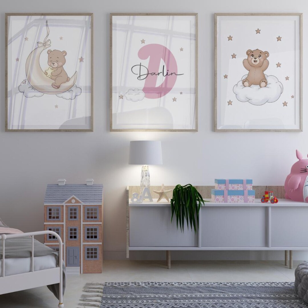 Set of 3 Custom Teddy Bear Nursery Wall Art Prints | Personalized Name ...
