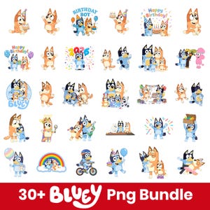 May include: A set of over 30 PNG images featuring cartoon dogs in various poses and scenes. The images include birthday celebrations, family portraits, and playful activities. The color palette is primarily blue, orange, and white, with accents of other colours.