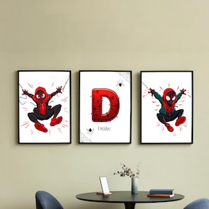 Set di 3 stampe artistiche da parete di Spiderman, decorazioni personalizzate per la cameretta dei bambini, download digitale, poster personalizzato con nome per bambini