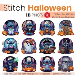 Peut inclure: Ensemble de 18 images PNG de Stitch en costumes d'Halloween. Chaque image circulaire présente Stitch déguisé en vampire, pirate, momie, etc., entouré de citrouilles et d'arrière-plans effrayants. Le texte indique "Stitch Halloween".