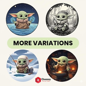 May include: Four circular illustrations featuring a green alien-like character in various scenes. One holds cards in water, another sits with a clock, a third ice fishes, and the last works at a forge. The text "MORE VARIATIONS" is displayed.