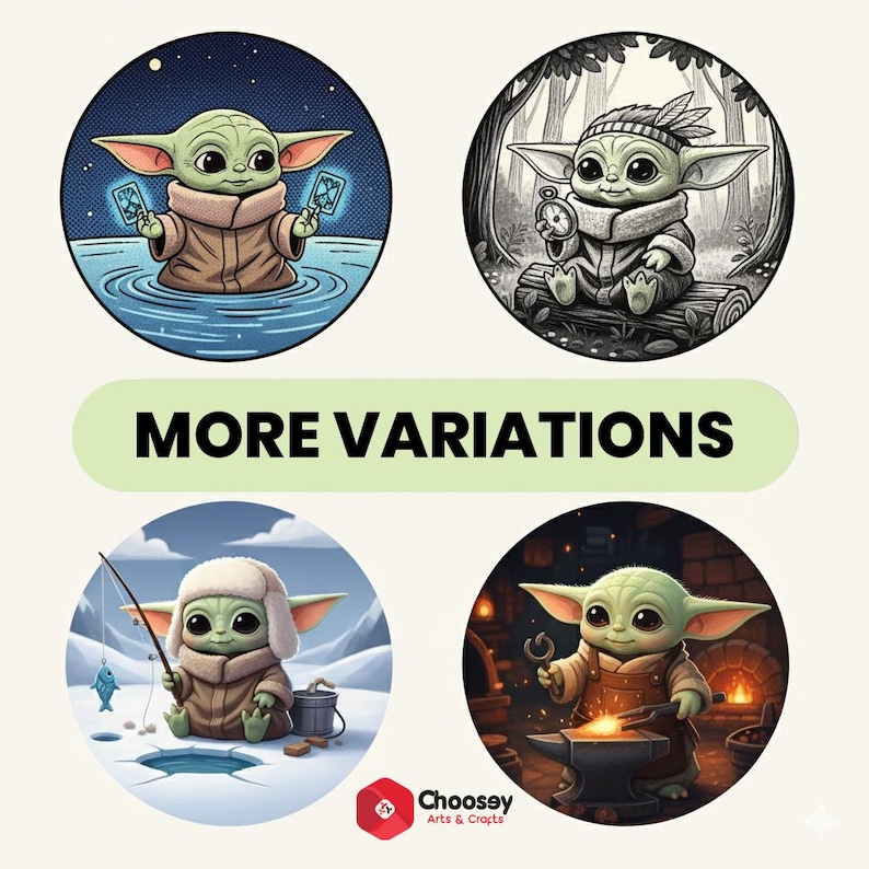 May include: Four circular illustrations featuring a green alien-like character in various scenes. One holds cards in water, another sits with a clock, a third ice fishes, and the last works at a forge. The text "MORE VARIATIONS" is displayed.
