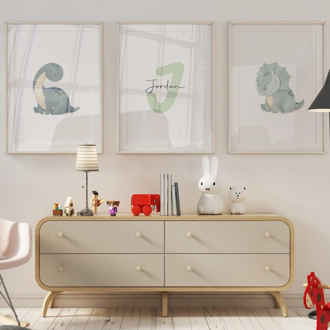 Custom Dinosaur Wall Art Prints Set of 3 Custom Name Nursery Decor for ...