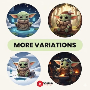 May include: Four circular illustrations of a green alien-like character in various settings. The character is depicted in a water scene, a forest, ice fishing, and blacksmithing. The text "MORE VARIATIONS" is in a green oval. The logo "Choosey Arts & Crafts" is at the bottom.