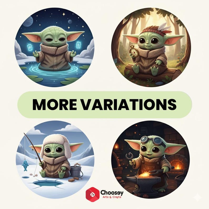 May include: Four circular illustrations of a green alien-like character in various settings. The character is depicted in a water scene, a forest, ice fishing, and blacksmithing. The text "MORE VARIATIONS" is in a green oval. The logo "Choosey Arts & Crafts" is at the bottom.