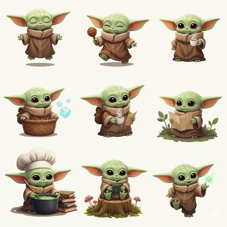 May include: Nine illustrations of a green alien character in a brown robe. The character is depicted in various poses, including holding a cup, reading a map, and holding a glowing cube. The character has large ears and big eyes.