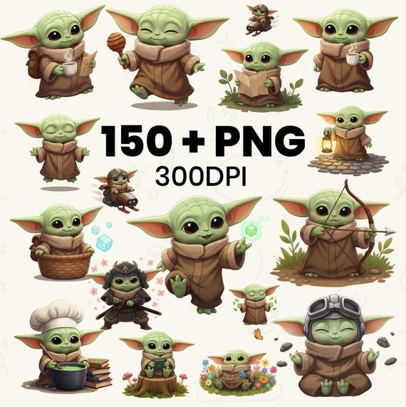 Baby Yoda Clipart PNG Bundle | Cute Star Wars Baby Alien Stickers | Galaxy Sublimation| Space Wars Cartoon Digital Download| Kawaii Jedi Art