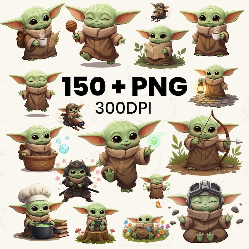May include: Digital illustrations of a green alien character in various poses and outfits. The character is depicted with large ears and big eyes, wearing a brown coat. The image includes the text "150 + PNG 300DPI".