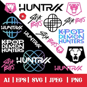May include: A selection of logos and text designs in various styles and colours, including the words "HUNTRAX", "SAJA BOYS", and "KPOP DEMON HUNTERS". The image also includes file type indicators: AI, EPS, SVG, JPEG, and PNG.