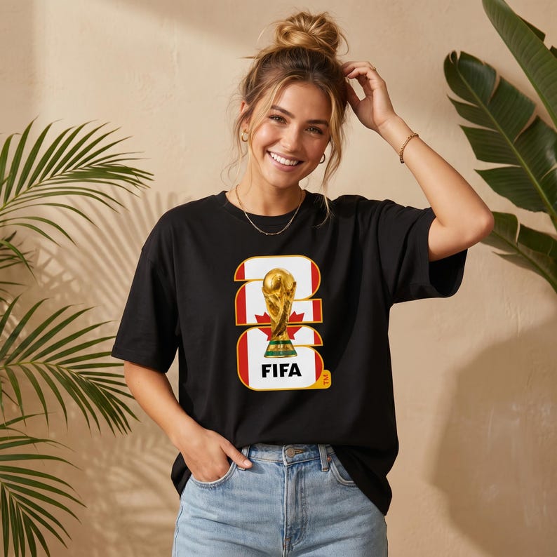 Może przedstawiać: Czarny t-shirt z grafiką trofeum Mistrzostw Świata FIFA, kanadyjskiej flagi i napisem "FIFA". Projekt jest w kolorze złotym, czerwonym i białym. Koszulka ma swobodny styl.