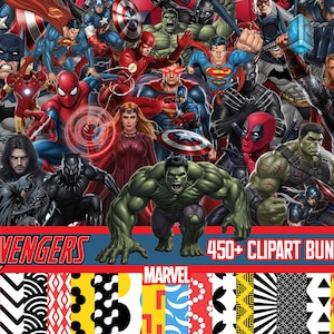 Op de afbeelding: Een levendige collage met talrijke superhelden uit de Marvel- en DC-universums. De afbeelding bevat personages als Batman, Superman, Spider-Man en Hulk. De tekst luidt "Avengers" en "450+ Clipart Bundle" met een "Marvel"-logo, plus diverse patroonontwerpen.